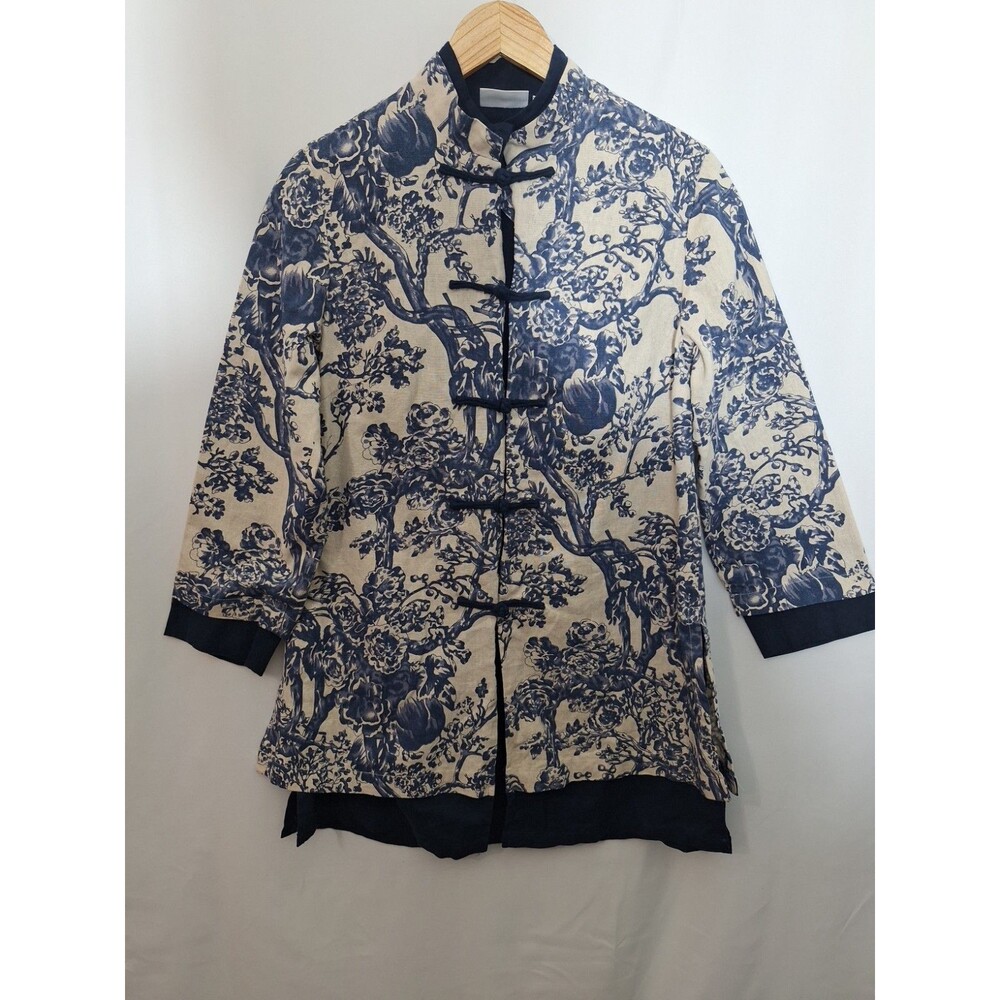 Soft Surroundings Empress Tunic Top Sz Small Linen Blend Floral Toile Mandarin